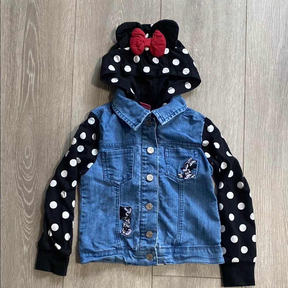 Disney Minnie Polka Dot Kids Jean Jacket Embroidered Mouse Ears Hooded Bow Coat